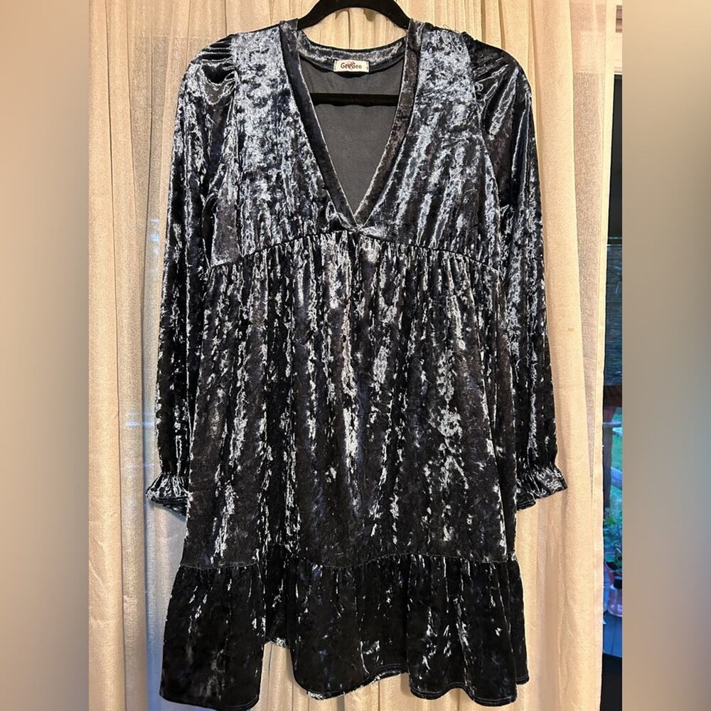 90s Crushed Velvet Babydoll Mini Dress Blue Y2K Grunge